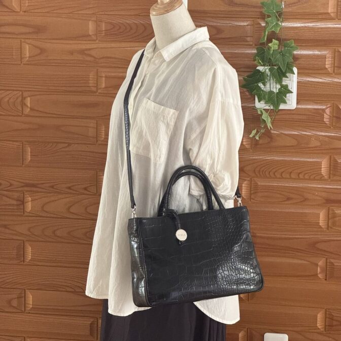 レザーリペア仕上 FURLA フルラ クロコ型押し 2WAYトート 黒 ストラップ付 本革