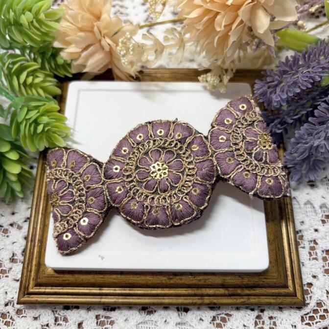 インド刺繍ヘアクリップ｜パープル×ゴールド キャンディ型 ワニクリップ