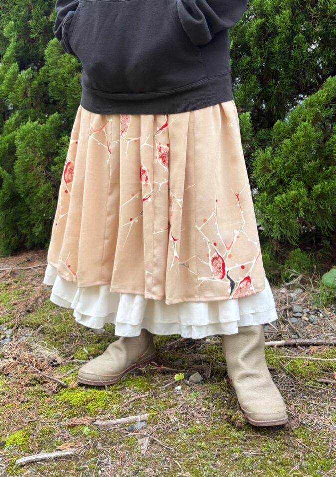【ハンドメイド1点もの】着物リメイク シルクスカート｜裾フリルのインナースカート付き2点セット