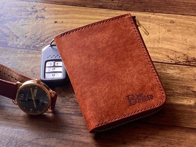 【ハンドメイド】イタリアンレザーのL字ファスナー財布（ブラウン）