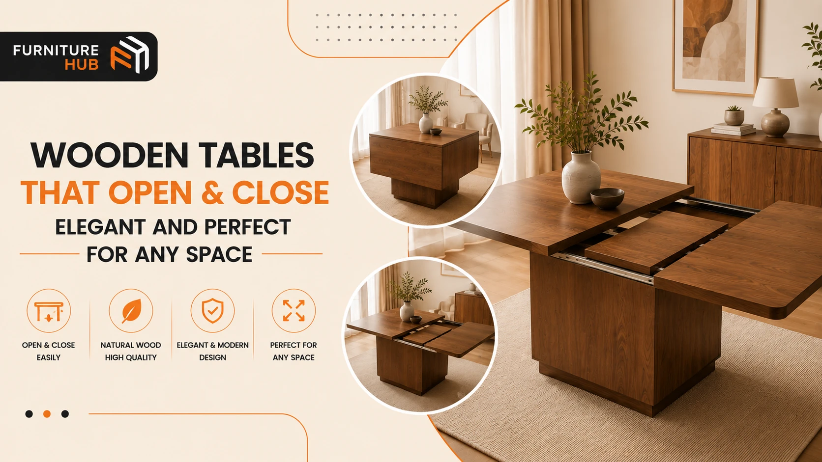 Stylish wooden tables that open and close, suitable for all spaces.