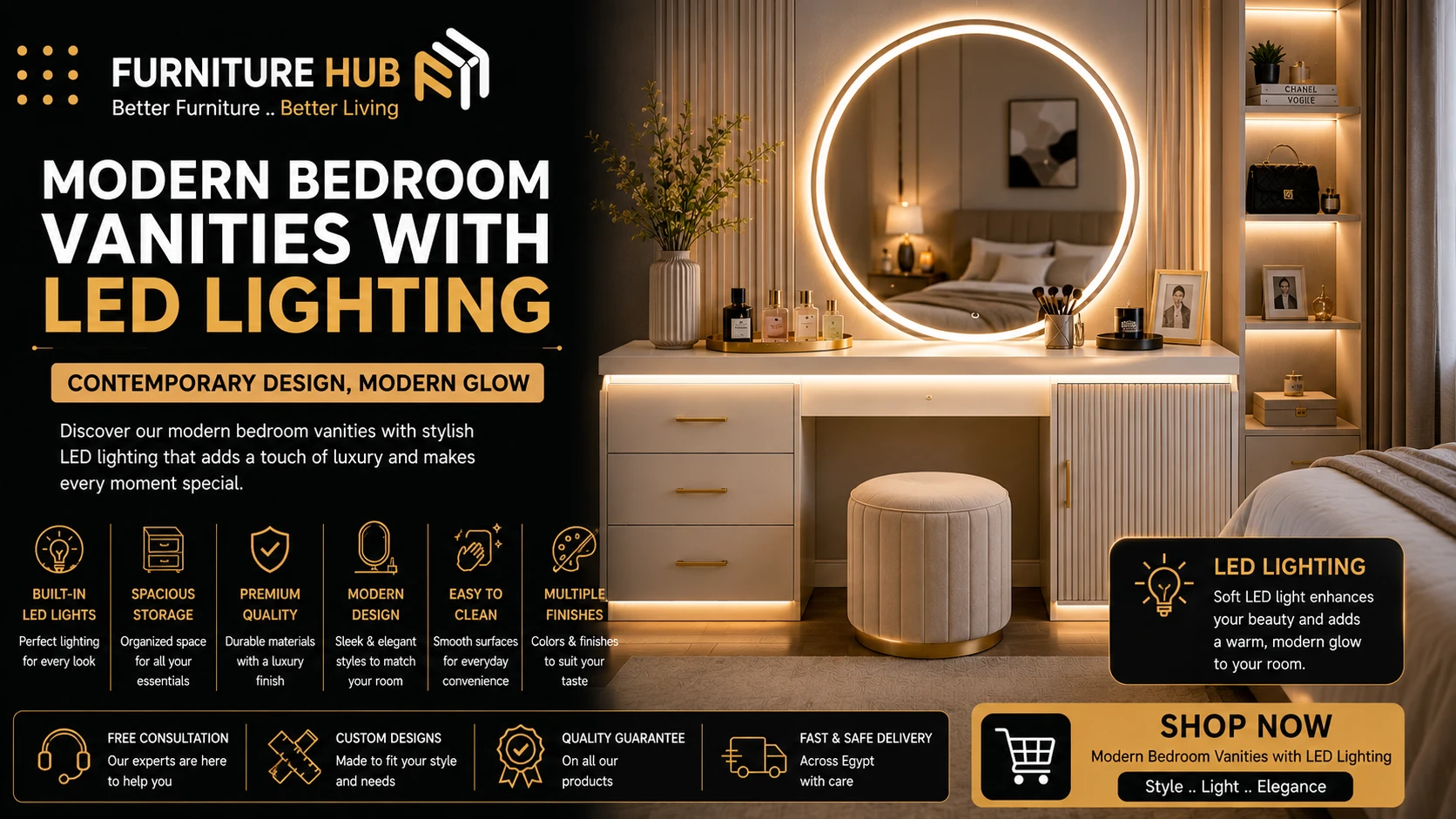 Modern bedroom vanities with contemporary LED lighting
