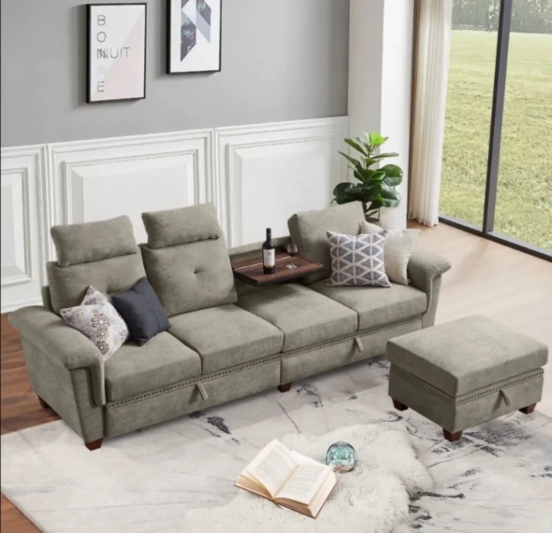 Modern Gray Linen Sofa With 4 Movable Headrests