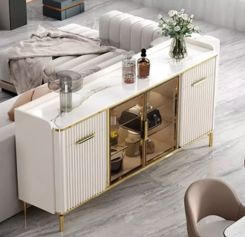 Modern Striped Buffet With Marble Top | White