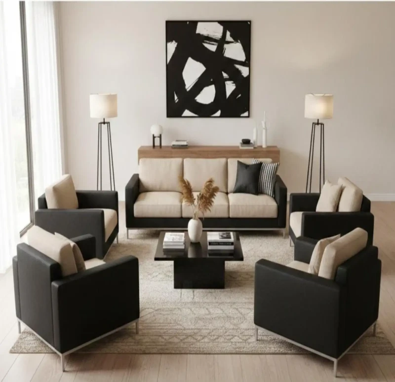 Modern Inverted Leather Sofa Set Black - Beige
