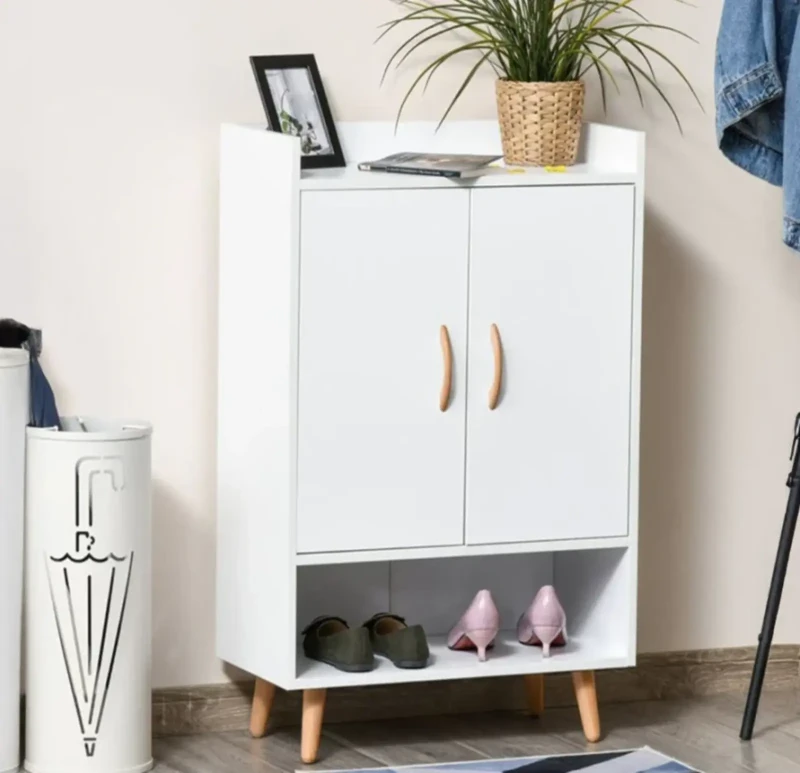 Modern White Shoe Cabinet With A Decorative Bottom Shelf