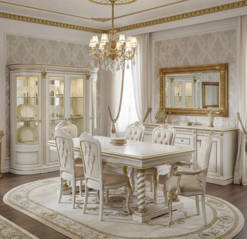 Classic Beech Wood Romanian Dining Room | White and Gold