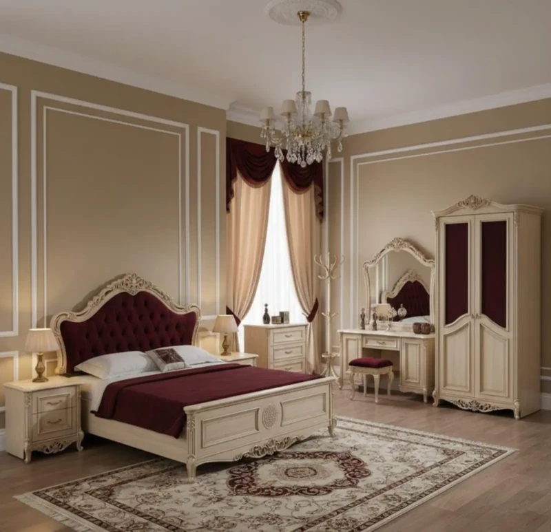 Neoclassic Bedroom Beige Dark Red Upholstery | 8 Pieces