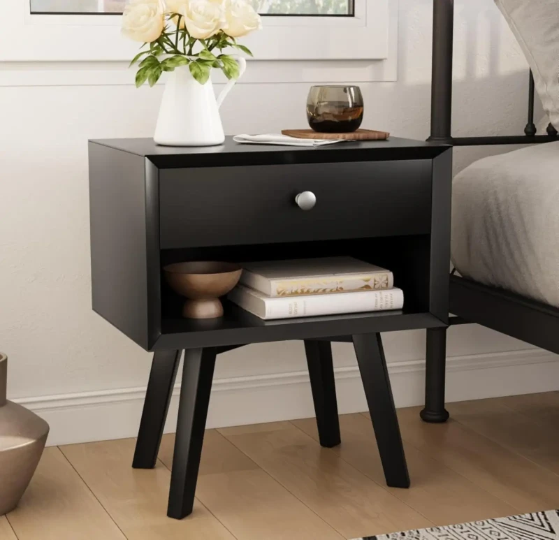 Modern Nightstand With 1 Drawer And Shelf | Black And Wooden