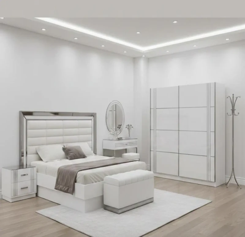 Modern White Bedroom With Stainless Frame | Banquet With Storage Units