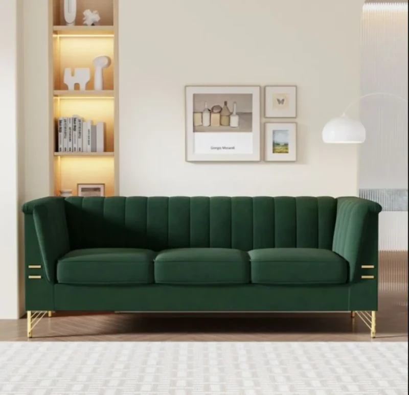 Modern Triple Sofa Inlaid With Stainless Steel | Dark Green