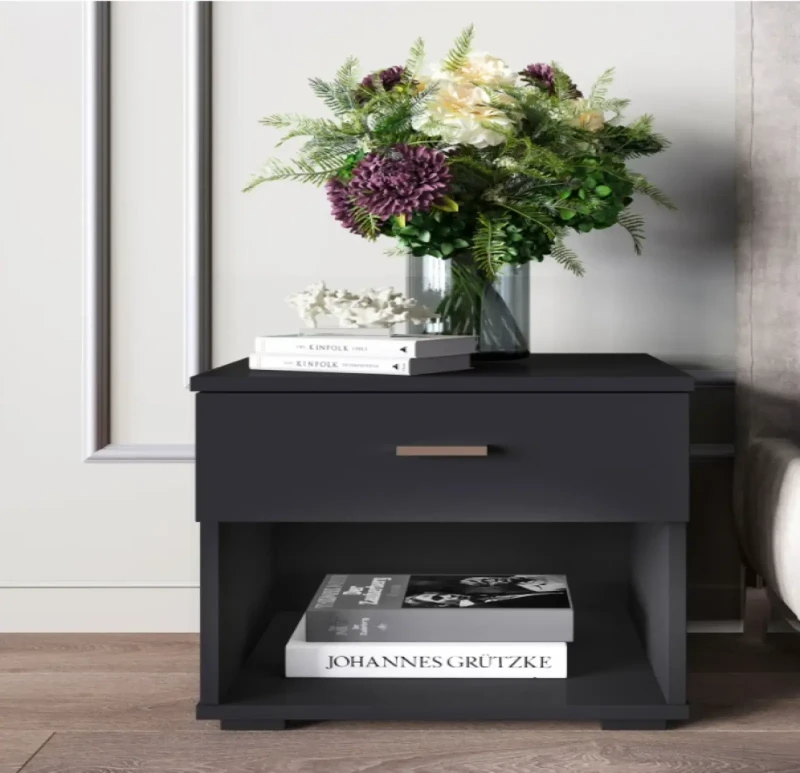 Modern Nightstand With 1 Drawer | Wooden And Black