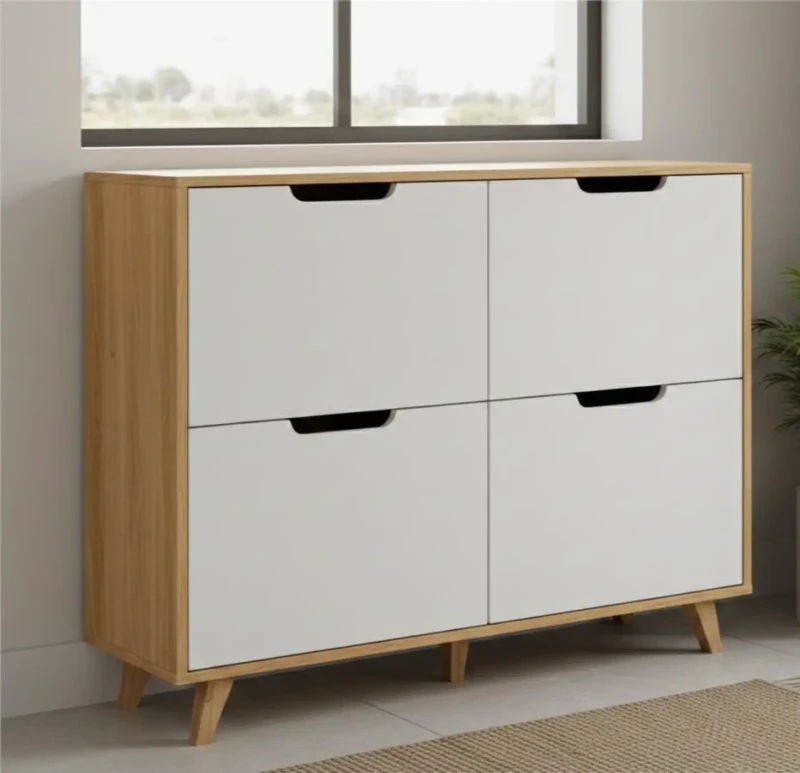 A Modern White and Wooden Shoebox Divided into 4 Leaves