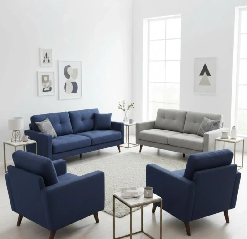 Modern Linen Dark Blue Sofa Set