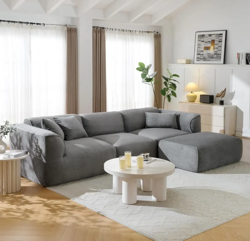 Modern Gray Velvet L Shape Sofa