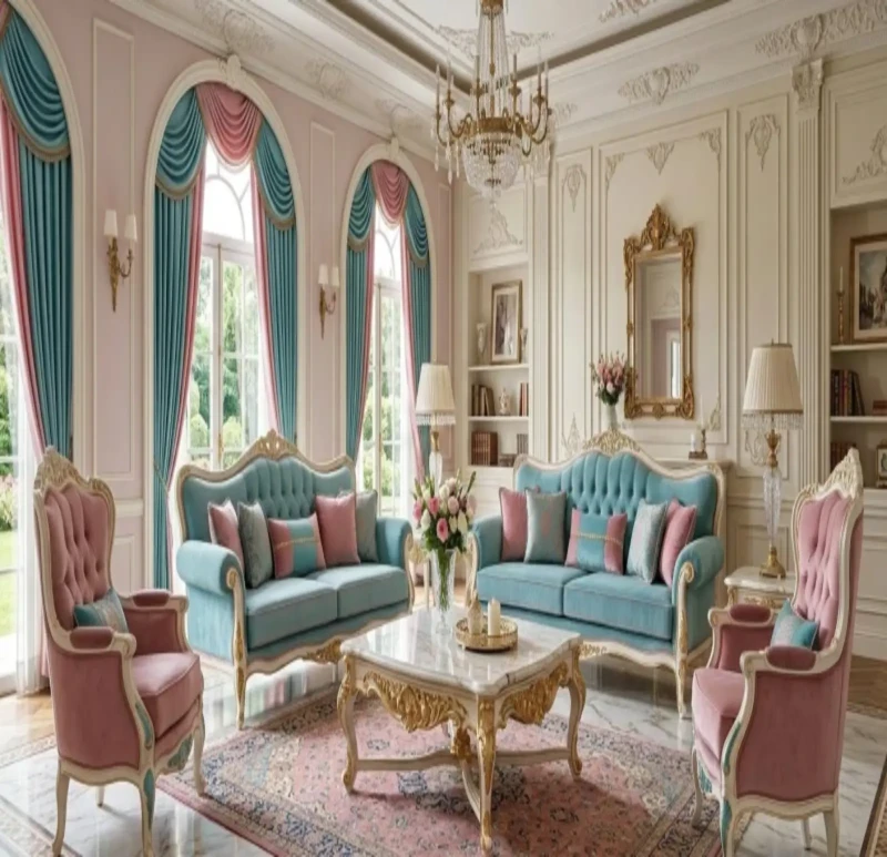 New Classic Pink and Turquoise Salon 3 Sofas 2 Chairs
