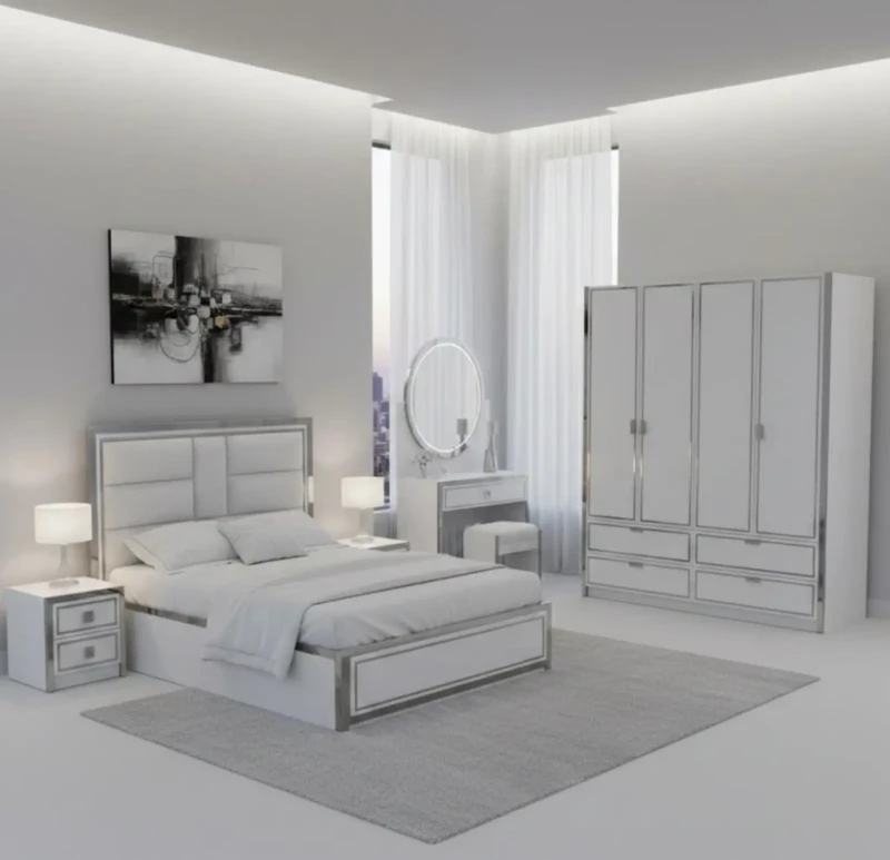 Modern White Bedroom With Silver Stainless Edges