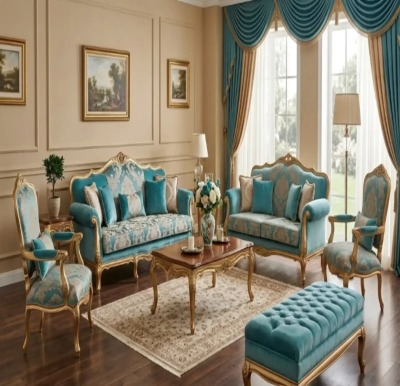 Classic Turquoise and Beige Salon Set