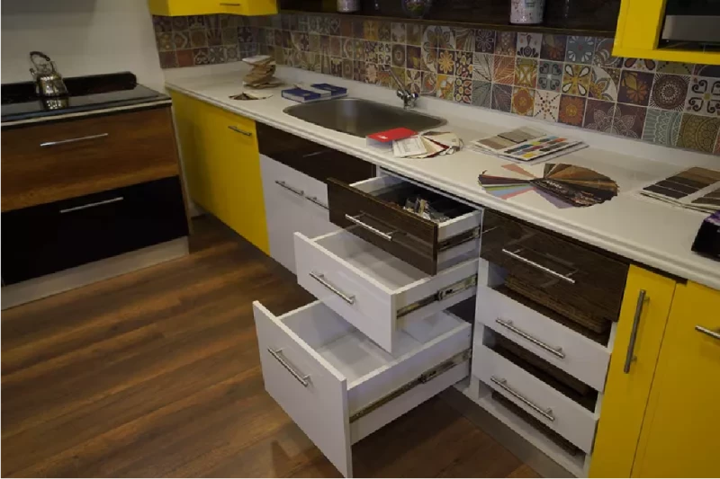 Modern Yellow And White Polylac Kitchen