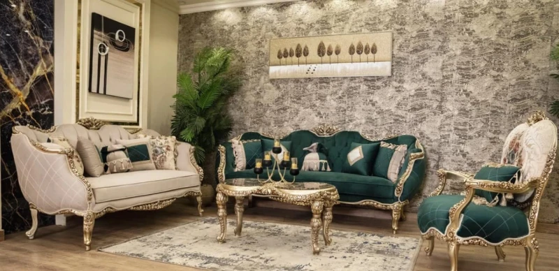 New Classic Beige and Olive Salon Set | 2 Marble Tables