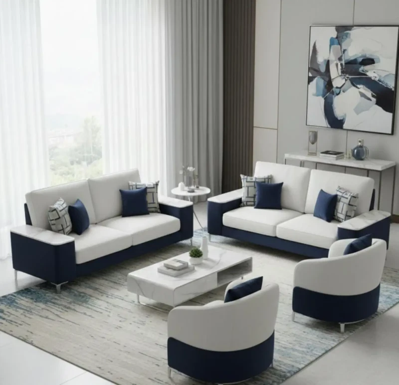 Modern Velvet Sofa Set Dark Blue - White