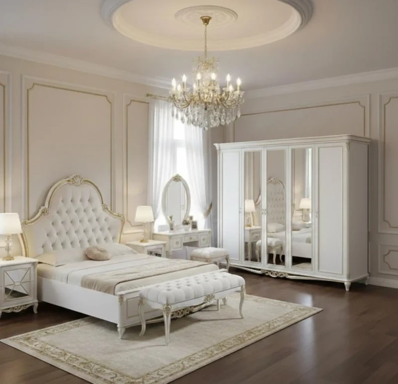 Neoclassical White Bedroom Inlaid with Gold | 8 Pieces