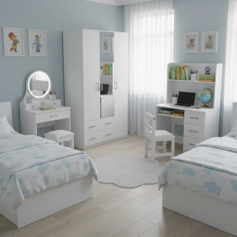 Kids bedroom sets with two beds, wardrobe, and dresser