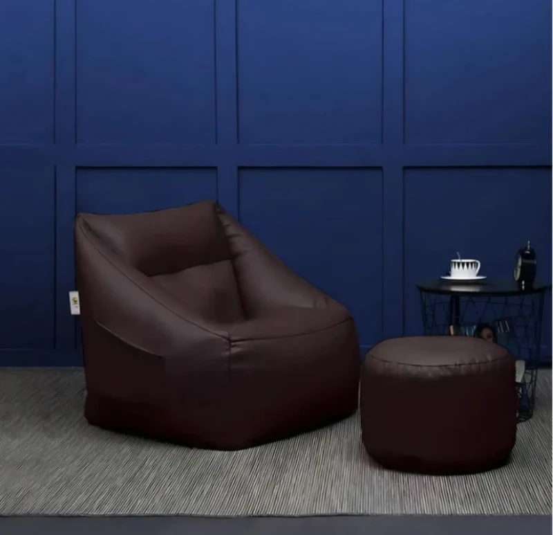 Leather Bean Bag Chair With Puff | Brown