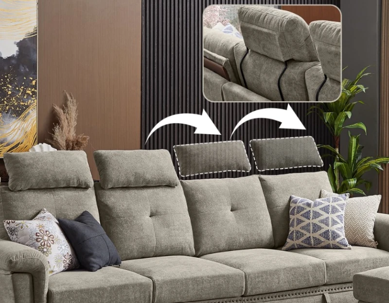 Modern Gray Linen Sofa With 4 Movable Headrests