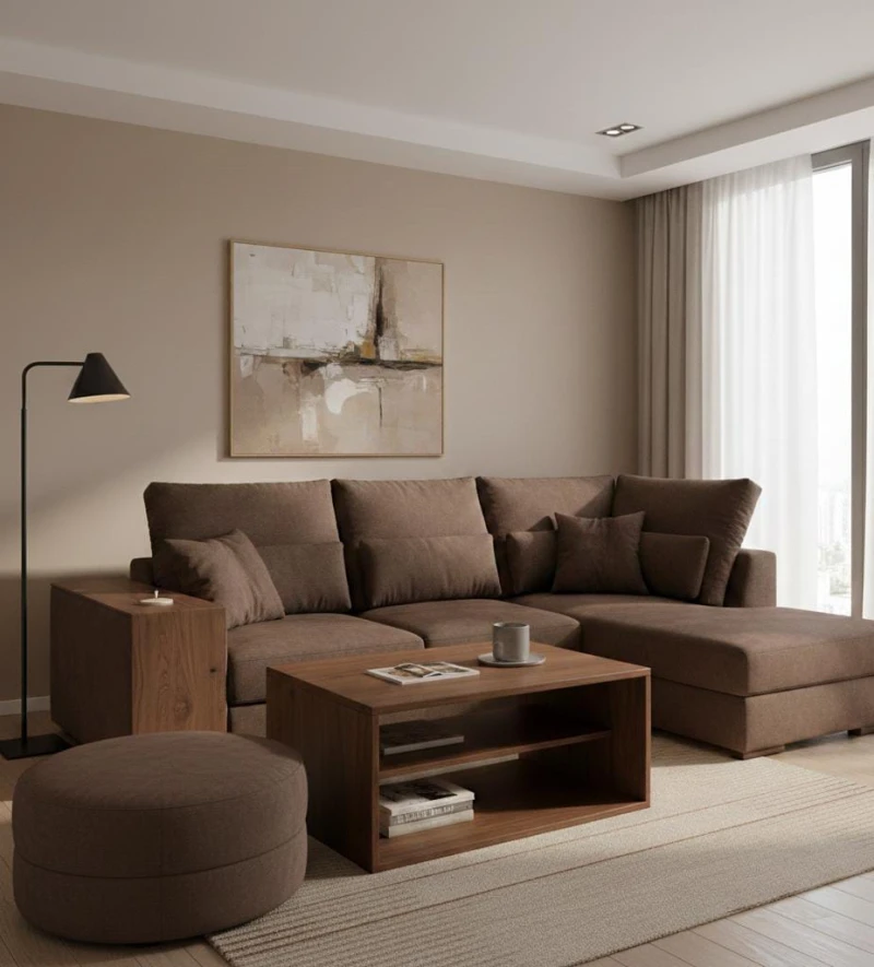 Modern Corner With Puff and Wooden Part | Brown