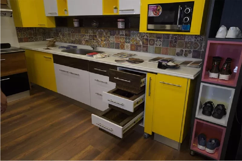 Modern Yellow And White Polylac Kitchen