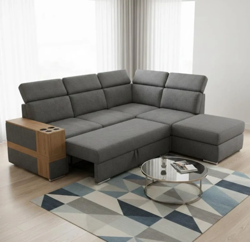 Modern Dark Gray Corner With Wooden Part and Cup Holder