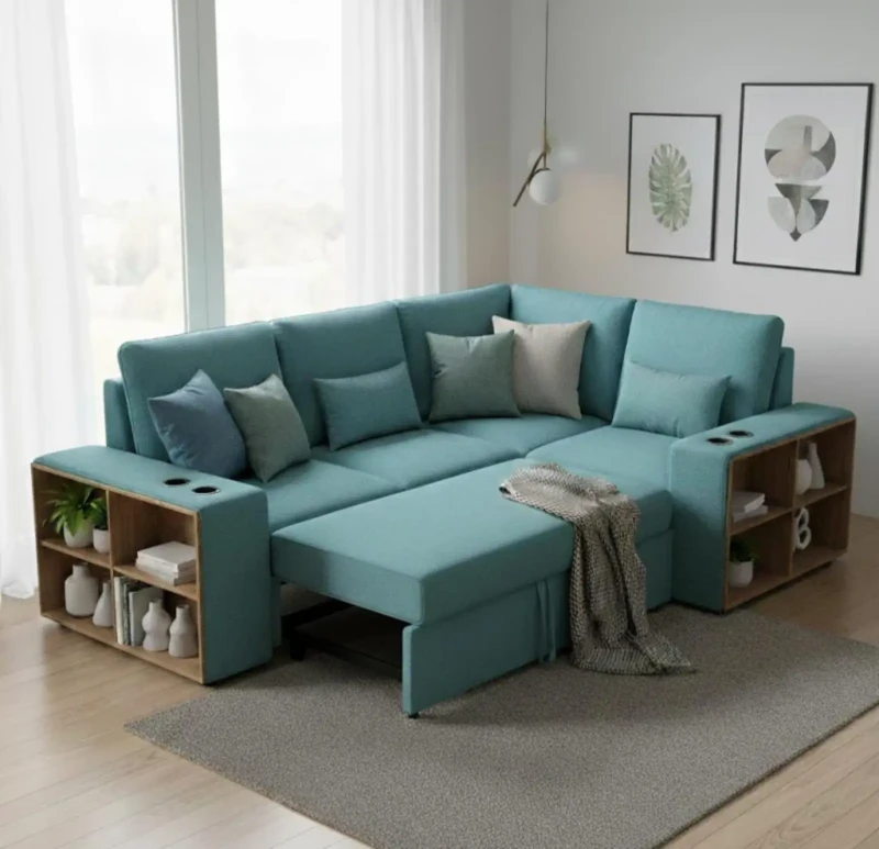 Turquoise Sofa Opens up to a Bed