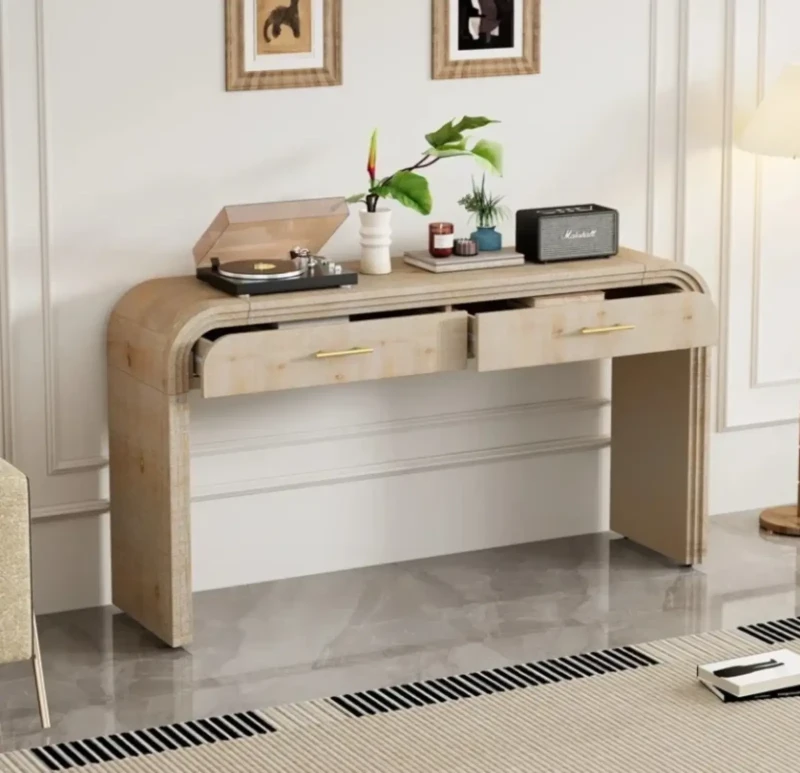 Wooden Console With Two Drawers With Gold Handles