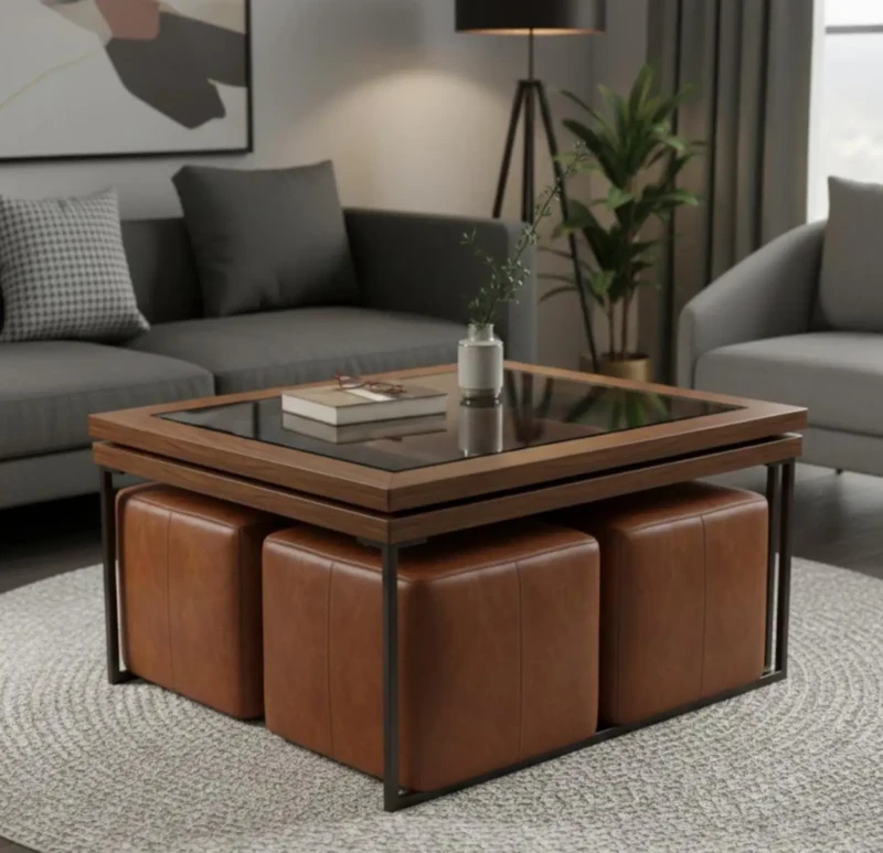 Modern Nesting Table set | Table and 4 Leather Puffs