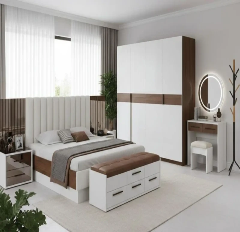 Modern White and Brown Bedroom 8 Pieces | Banquet With a Drawer Unit