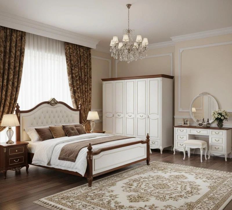 Classic White and Brown Bedroom 7 Pieces