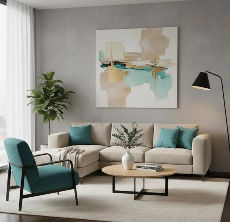 Modern Sofa Corner With a Chair | Beige and Turquoise
