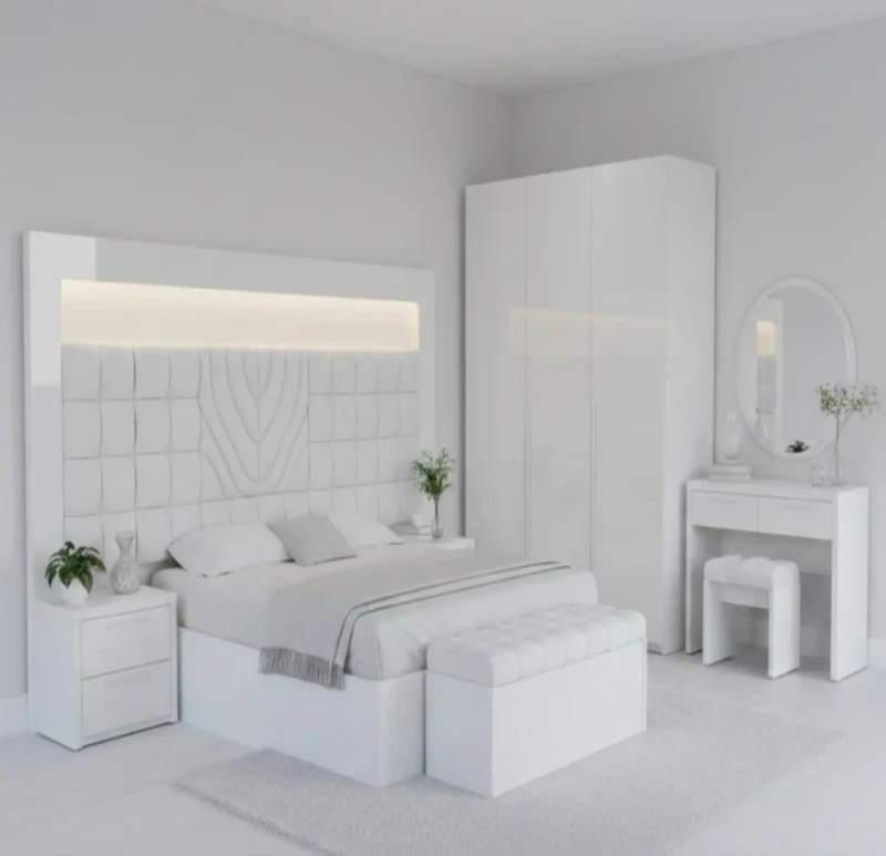 Modern White Bedroom | Upholstered Back Bed With Attached Banquet