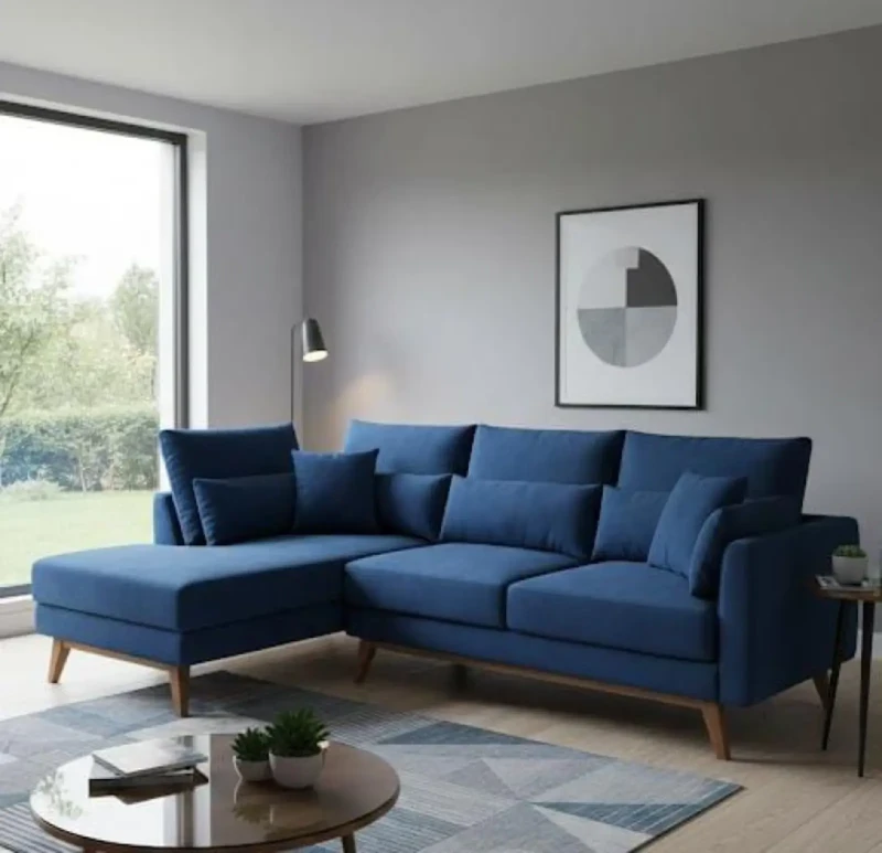 Modern Blue Sofa With Wooden Legs
