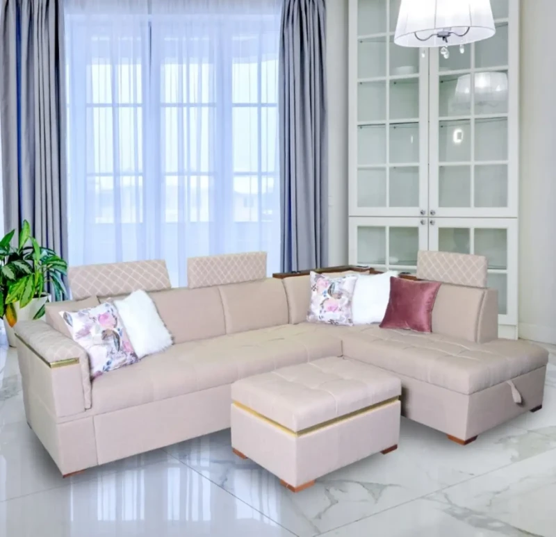 Modern Light Beige L Shaped Sofa With a Pouf