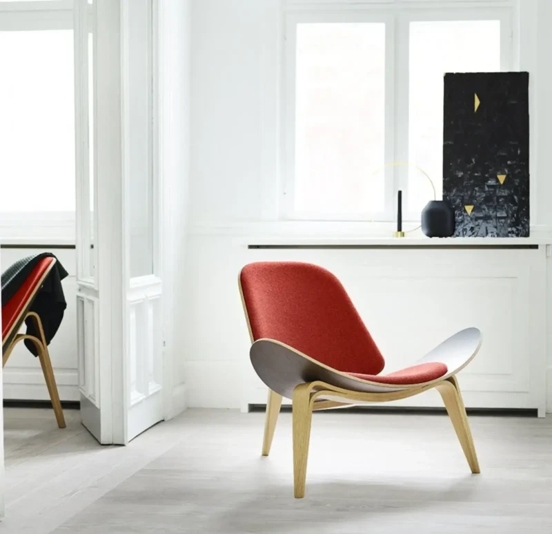 Shell Easy Chair | Light Wood and Maroon