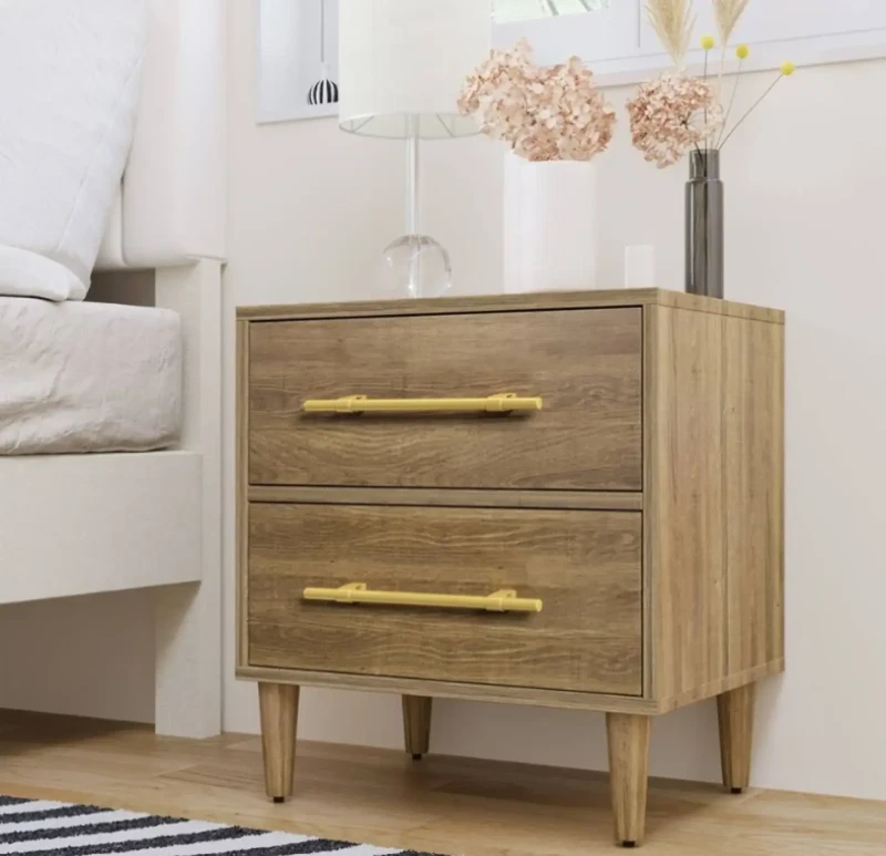 Modern Nightstand With 2 Drawers With Gold Handles | Wooden
