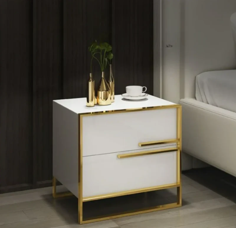 Modern Nightstand With 2 Drawers | White And Gold
