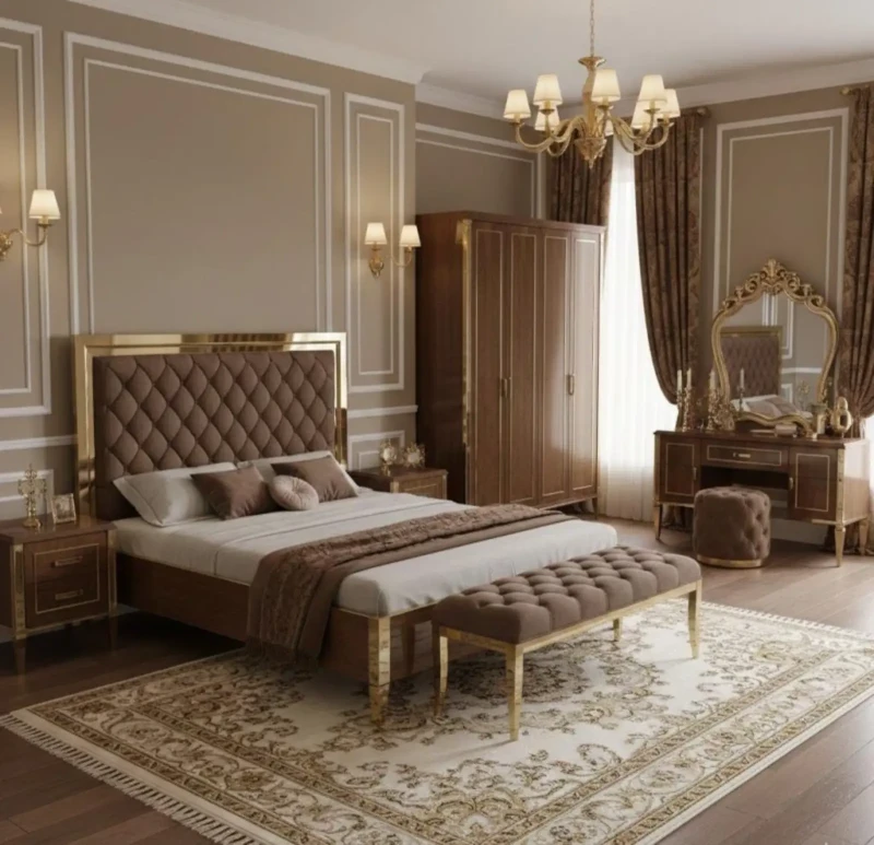 Neoclassical Beech Wood Bedroom | Brown With Gold Stainless Frame
