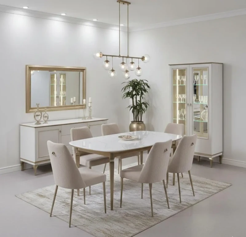 Modern Complete Dining Room | White and Champaign