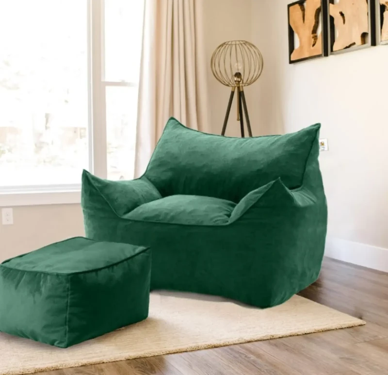 Green Velvet Bean Bag and Puff