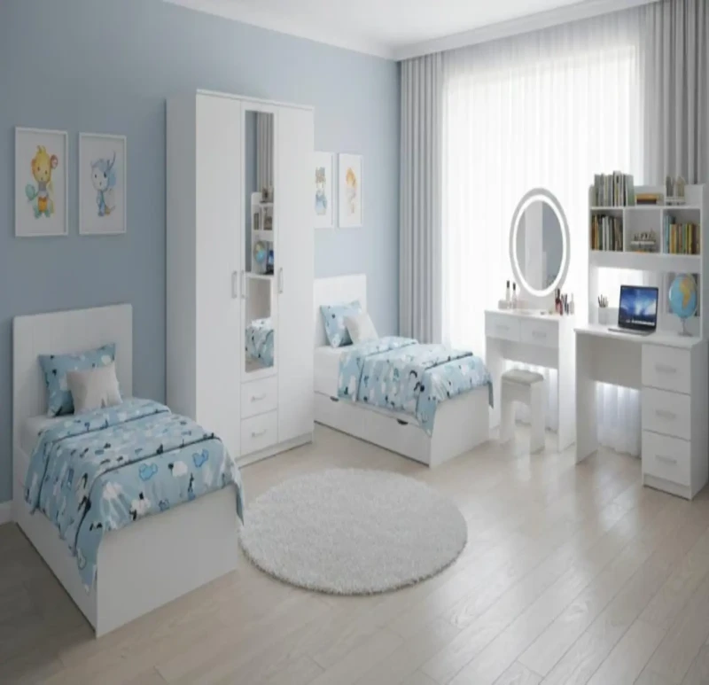 Kids bedroom sets with two beds, wardrobe, and dresser