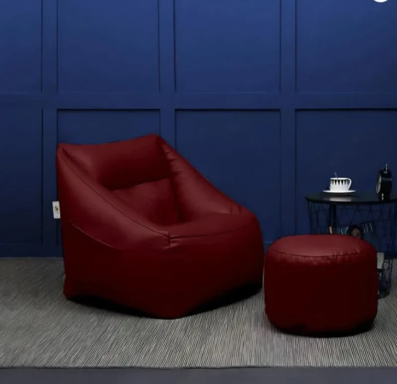 Leather Bean Bag Chair With Puff | Burgundy
