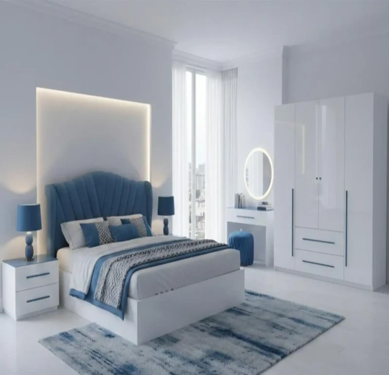 Modern White and Blue Bedroom